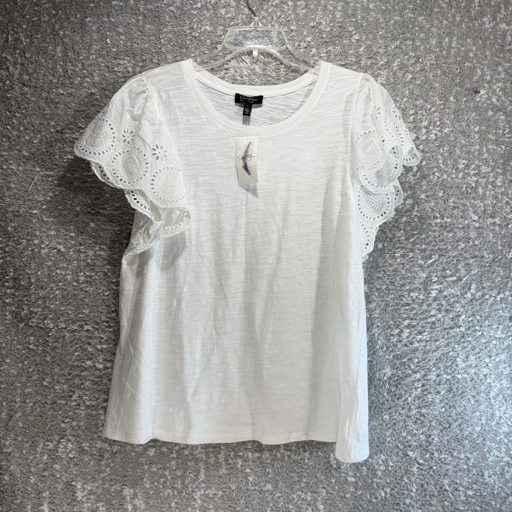 Jessica Simpson Bright White Short Eyelet Sleeve Top L Preppy Beach Classic NWT